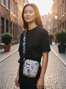 Karl Lagerfeld Beige Graphic Crossbody Belt Bag with Logo Strap